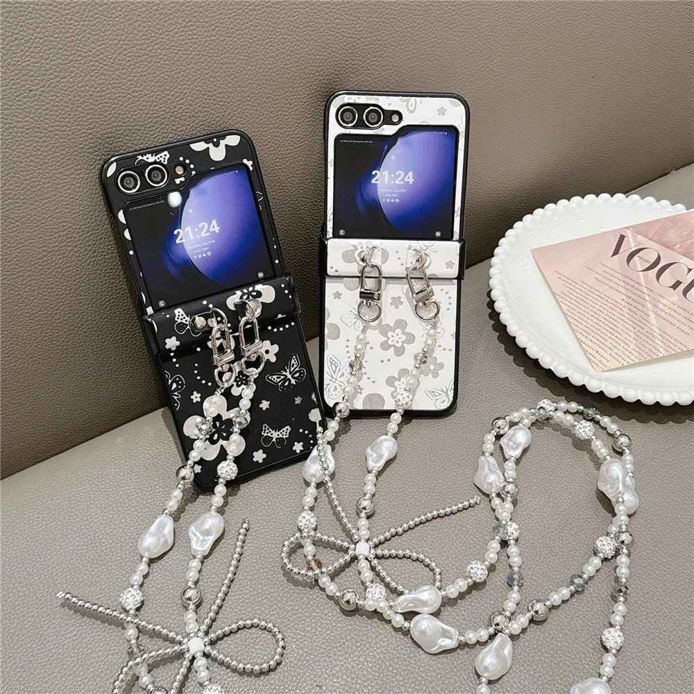 For Samsung Galaxy Z Flip7 FE 5G / Z Flip6 5G Case Butterfly Pattern Leather+PC Phone Cover with Crossbody Beaded Strap - White - Image 7