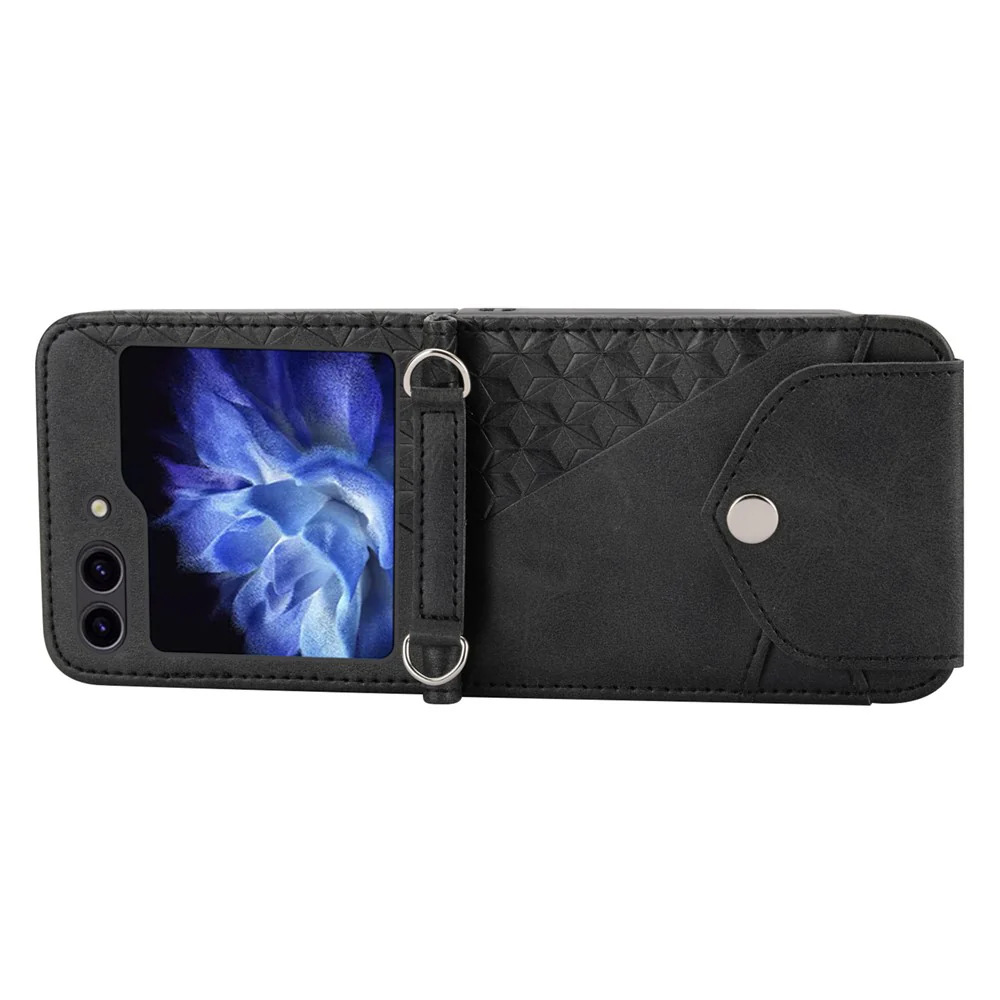For Samsung Galaxy Z Flip7 FE 5G / Z Flip6 5G Case Calf Texture PU Leather Phone Cover with Shoulder Strap - Black - Image 5