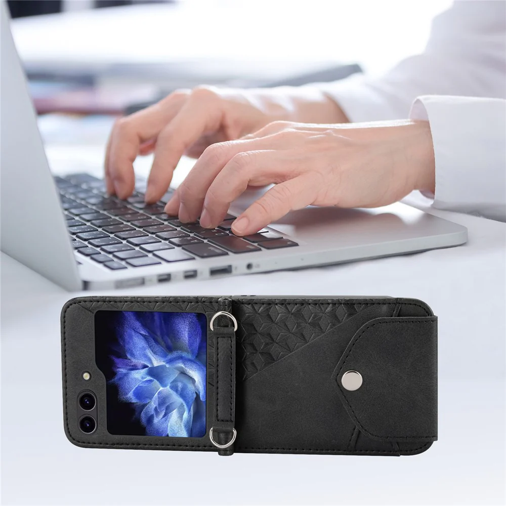For Samsung Galaxy Z Flip7 FE 5G / Z Flip6 5G Case Calf Texture PU Leather Phone Cover with Shoulder Strap - Black - Image 8