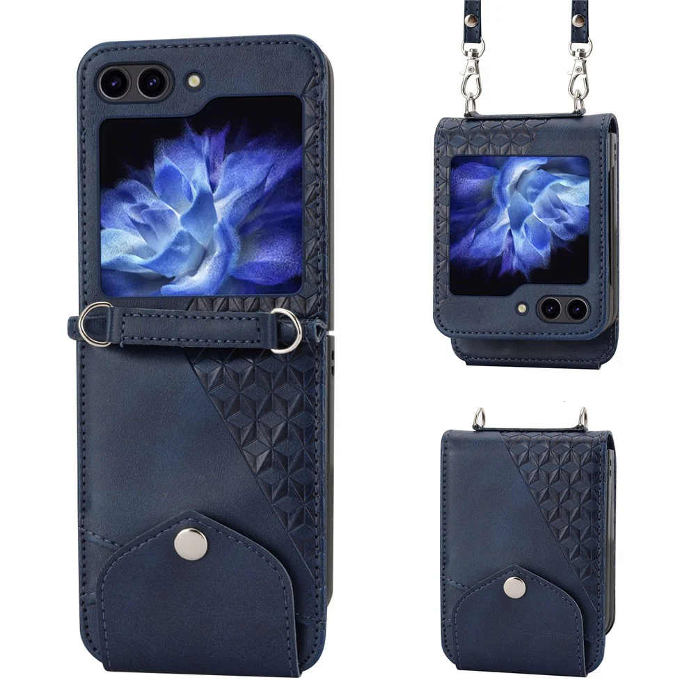 For Samsung Galaxy Z Flip7 FE 5G / Z Flip6 5G Case Calf Texture PU Leather Phone Cover with Shoulder Strap - Blue