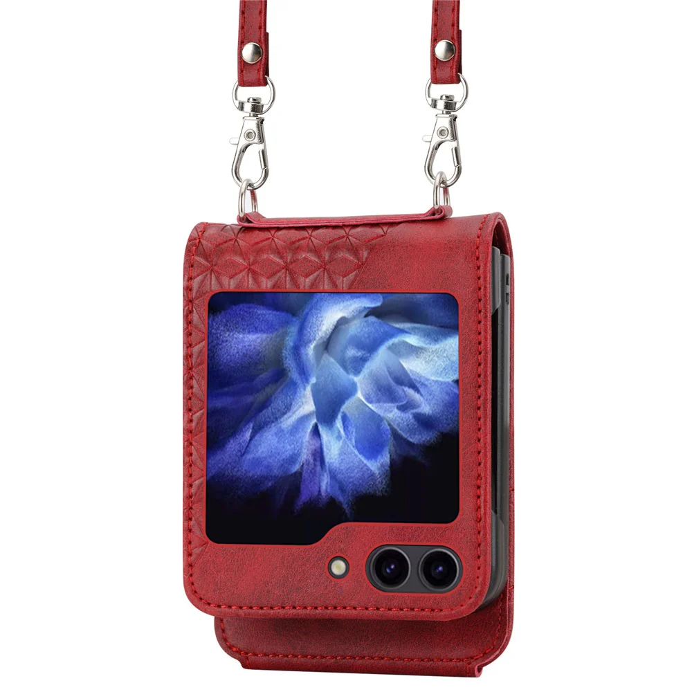 For Samsung Galaxy Z Flip7 FE 5G / Z Flip6 5G Case Calf Texture PU Leather Phone Cover with Shoulder Strap - Red - Image 3