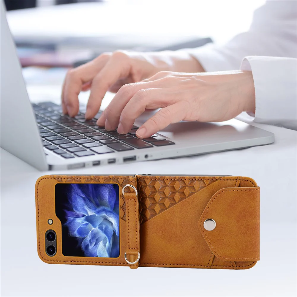 For Samsung Galaxy Z Flip7 FE 5G / Z Flip6 5G Case Calf Texture PU Leather Phone Cover with Shoulder Strap - Yellow - Image 8