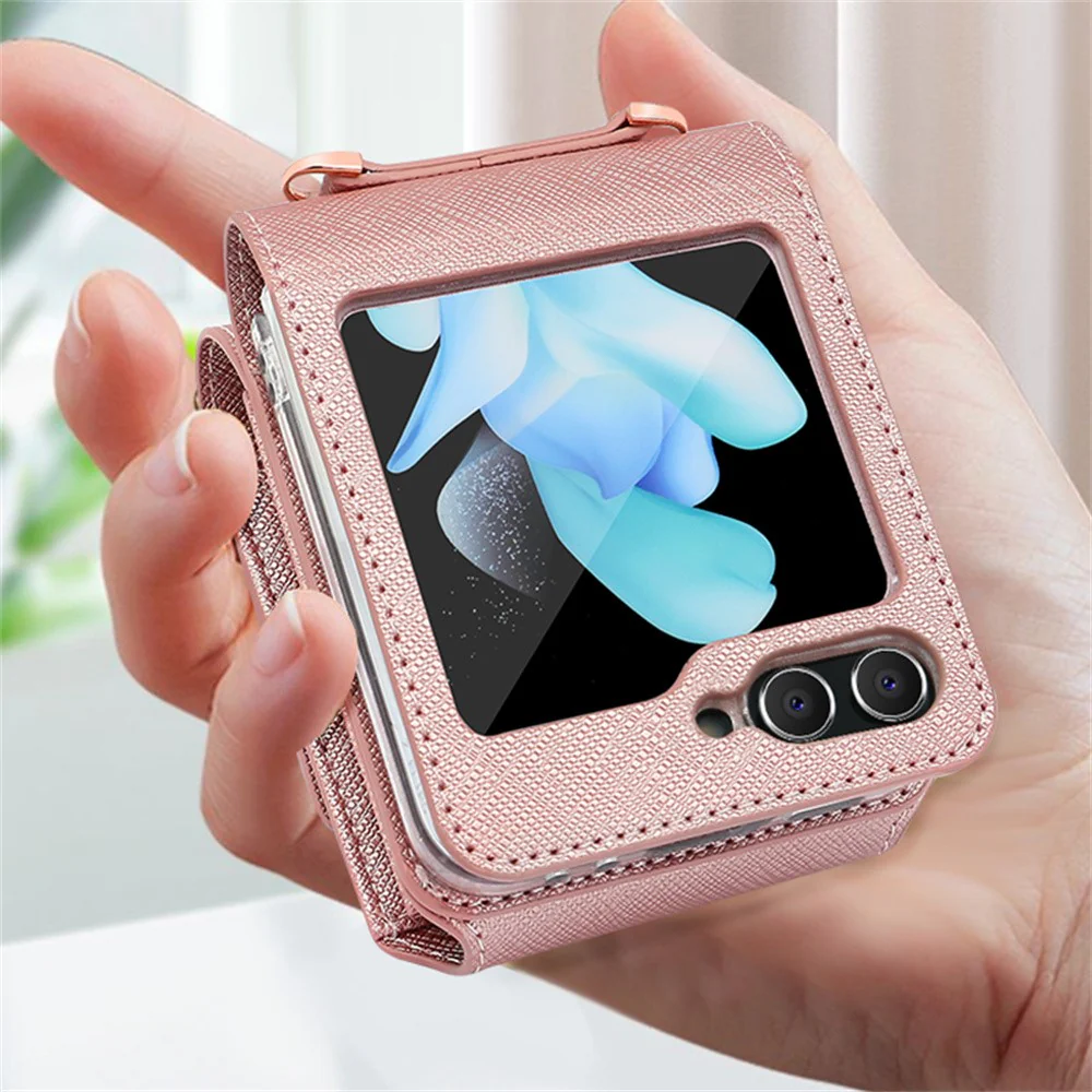 For Samsung Galaxy Z Flip7 FE 5G / Z Flip6 5G Case Card Bag Kickstand PU Leather PC Phone Cover with Strap - Purple - Image 5