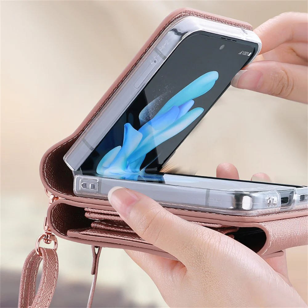 For Samsung Galaxy Z Flip7 FE 5G / Z Flip6 5G Case Card Bag Kickstand PU Leather PC Phone Cover with Strap - Purple - Image 6
