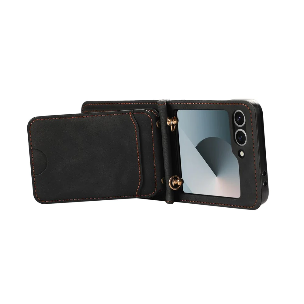 For Samsung Galaxy Z Flip7 FE 5G / Z Flip6 5G Case Card Holder Kickstand Leather + TPU Phone Cover with Shoulder Strap - Black - Image 4