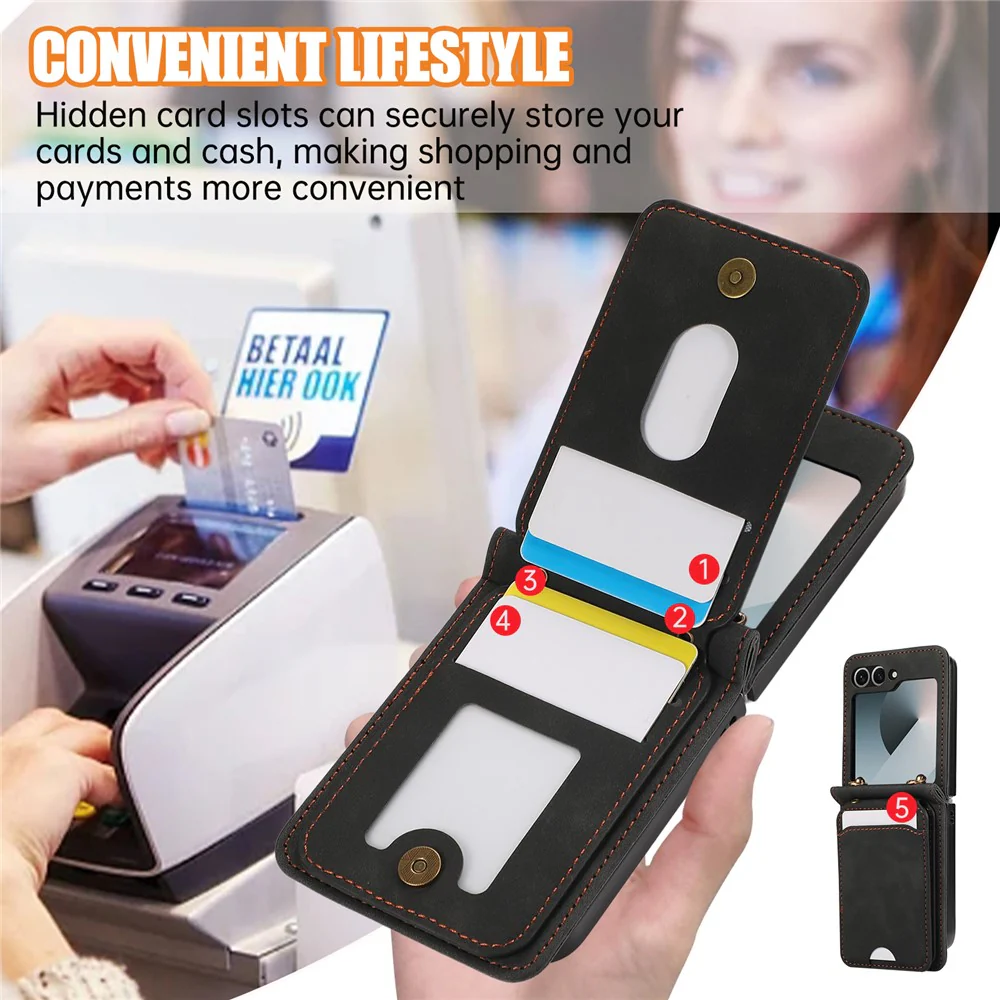 For Samsung Galaxy Z Flip7 FE 5G / Z Flip6 5G Case Card Holder Kickstand Leather + TPU Phone Cover with Shoulder Strap - Black - Image 7