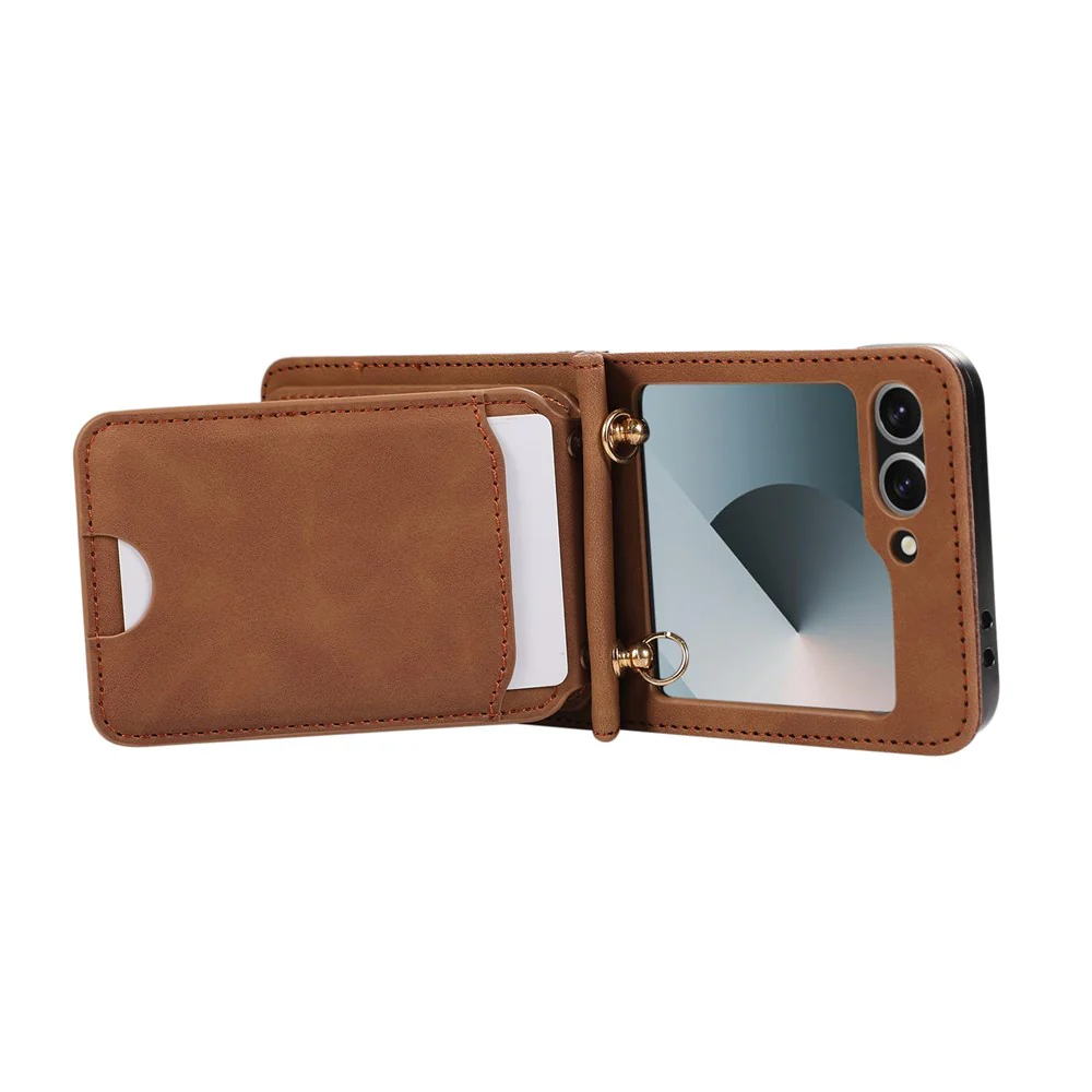 For Samsung Galaxy Z Flip7 FE 5G / Z Flip6 5G Case Card Holder Kickstand Leather + TPU Phone Cover with Shoulder Strap - Brown - Image 4