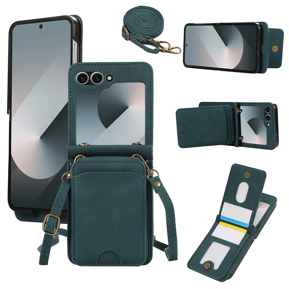 For Samsung Galaxy Z Flip7 FE 5G / Z Flip6 5G Case Card Holder Kickstand Leather + TPU Phone Cover with Shoulder Strap - Green