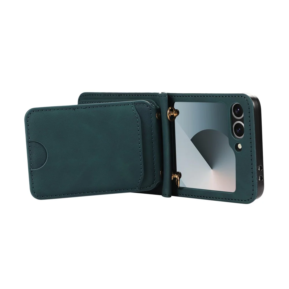 For Samsung Galaxy Z Flip7 FE 5G / Z Flip6 5G Case Card Holder Kickstand Leather + TPU Phone Cover with Shoulder Strap - Green - Image 4