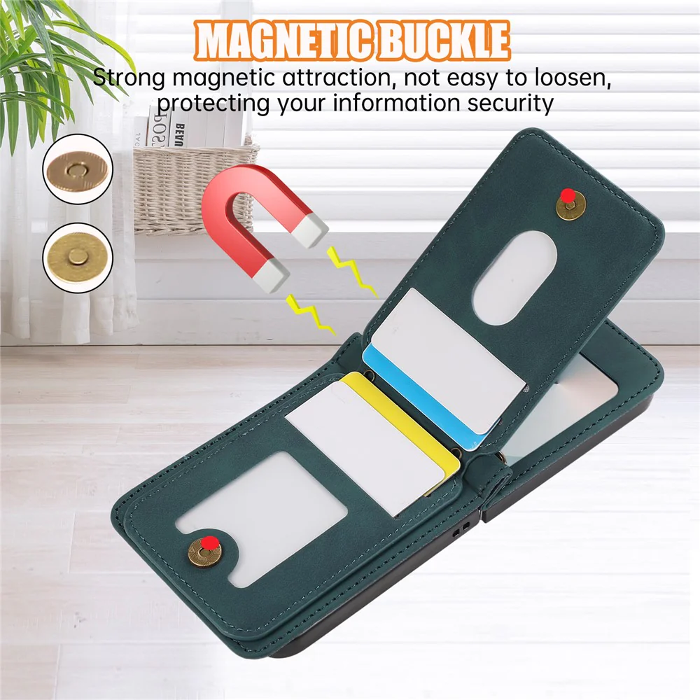 For Samsung Galaxy Z Flip7 FE 5G / Z Flip6 5G Case Card Holder Kickstand Leather + TPU Phone Cover with Shoulder Strap - Green - Image 6