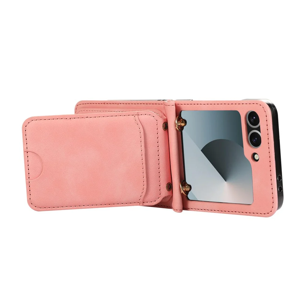 For Samsung Galaxy Z Flip7 FE 5G / Z Flip6 5G Case Card Holder Kickstand Leather + TPU Phone Cover with Shoulder Strap - Pink - Image 4