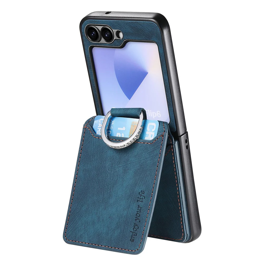 For Samsung Galaxy Z Flip7 FE 5G / Z Flip6 5G Case Card Holder Kickstand Retro Texture Leather Back Cover - Blue - Image 3