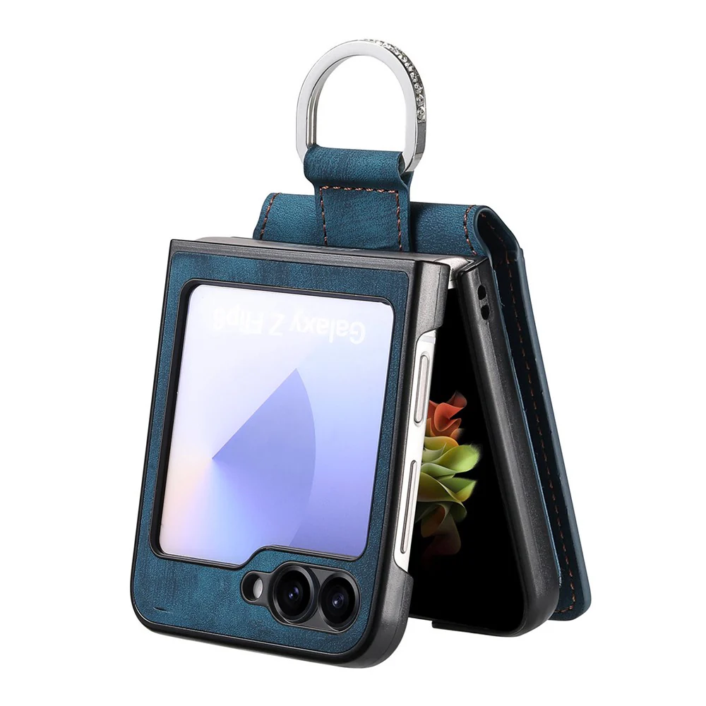 For Samsung Galaxy Z Flip7 FE 5G / Z Flip6 5G Case Card Holder Kickstand Retro Texture Leather Back Cover - Blue - Image 4