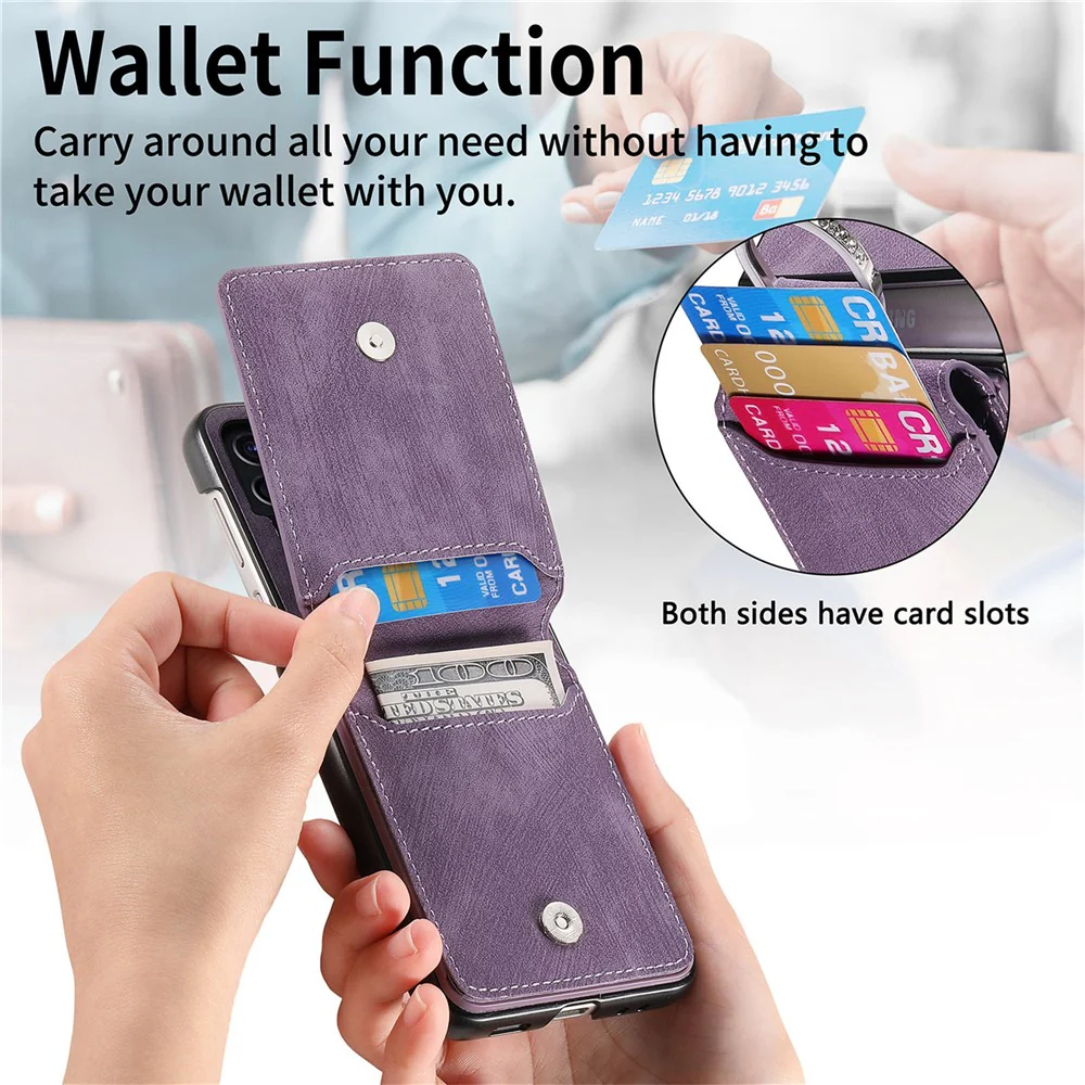 For Samsung Galaxy Z Flip7 FE 5G / Z Flip6 5G Case Card Holder Kickstand Retro Texture Leather Back Cover - Purple - Image 8