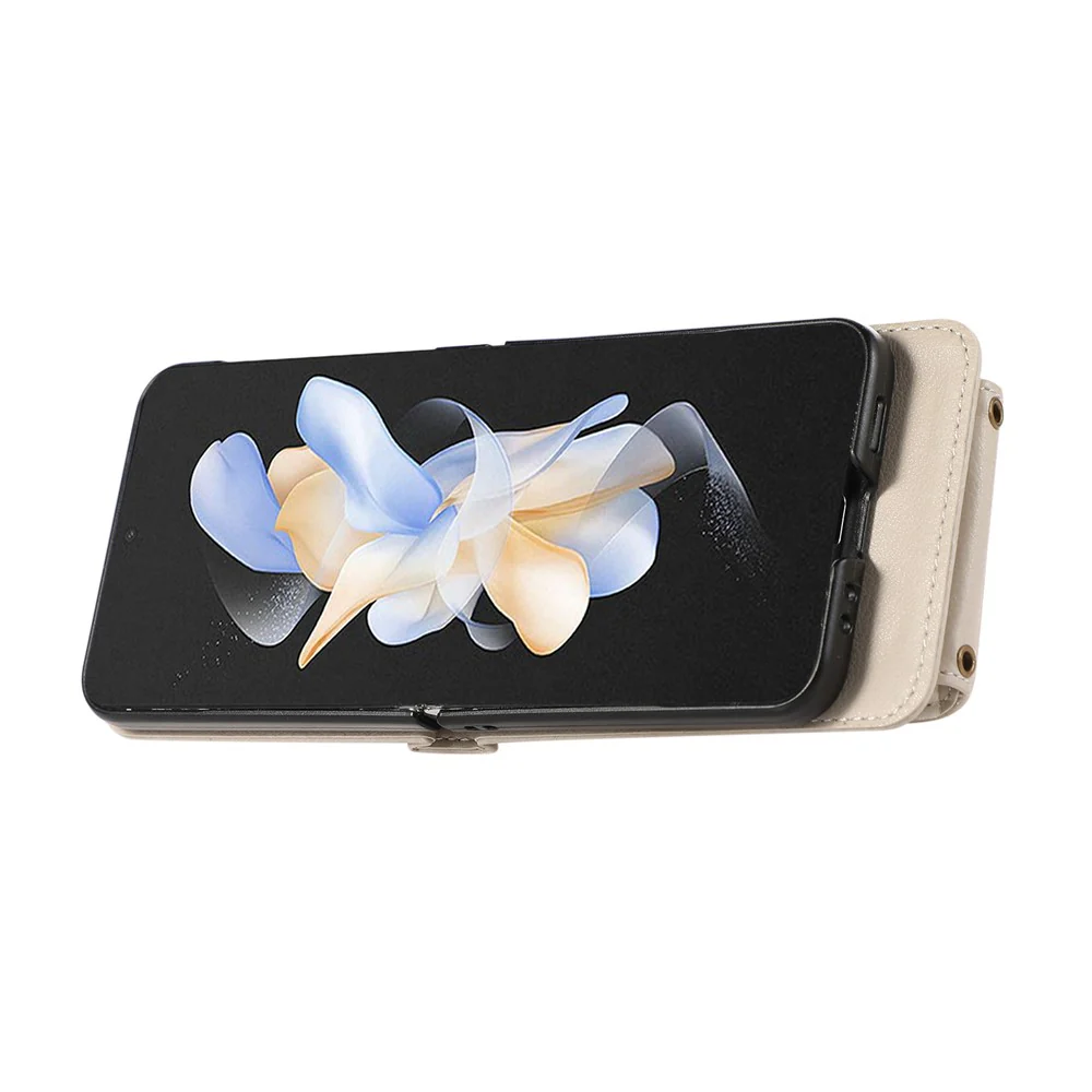 For Samsung Galaxy Z Flip7 FE 5G / Z Flip6 5G Case Card Holder Ring Kickstand TPU + PU Leather Phone Cover with Long Strap - Beige - Image 3
