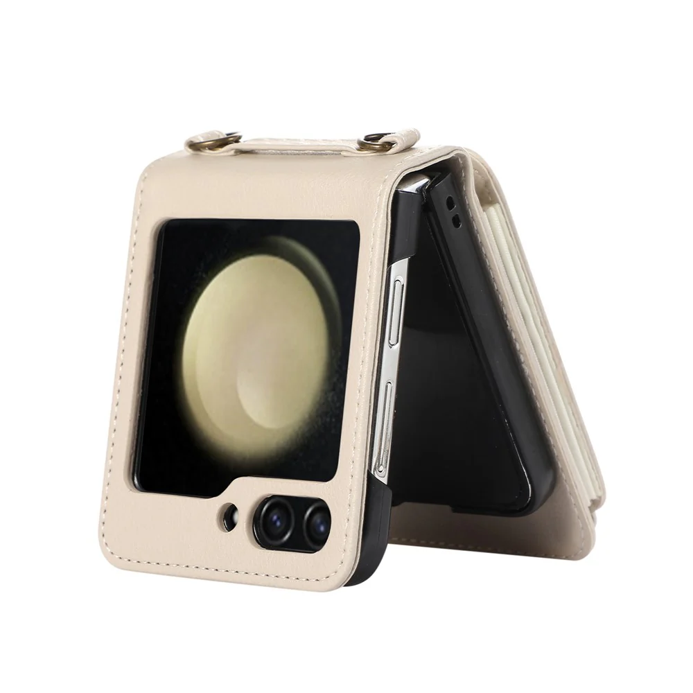 For Samsung Galaxy Z Flip7 FE 5G / Z Flip6 5G Case Card Holder Ring Kickstand TPU + PU Leather Phone Cover with Long Strap - Beige - Image 4