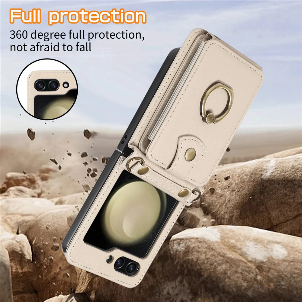 For Samsung Galaxy Z Flip7 FE 5G / Z Flip6 5G Case Card Holder Ring Kickstand TPU + PU Leather Phone Cover with Long Strap - Beige - Image 5
