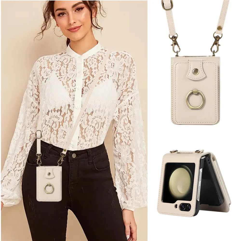 For Samsung Galaxy Z Flip7 FE 5G / Z Flip6 5G Case Card Holder Ring Kickstand TPU + PU Leather Phone Cover with Long Strap - Beige - Image 6