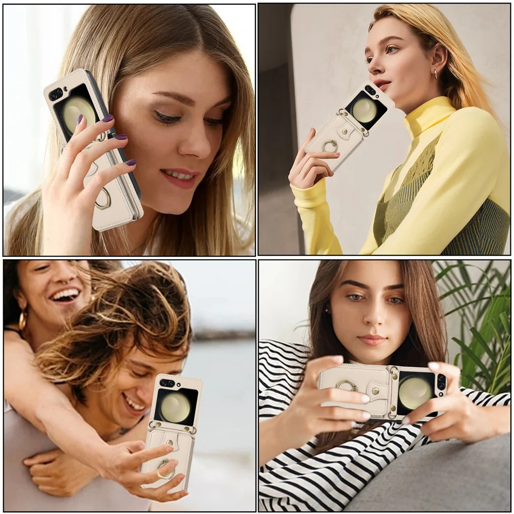 For Samsung Galaxy Z Flip7 FE 5G / Z Flip6 5G Case Card Holder Ring Kickstand TPU + PU Leather Phone Cover with Long Strap - Beige - Image 7