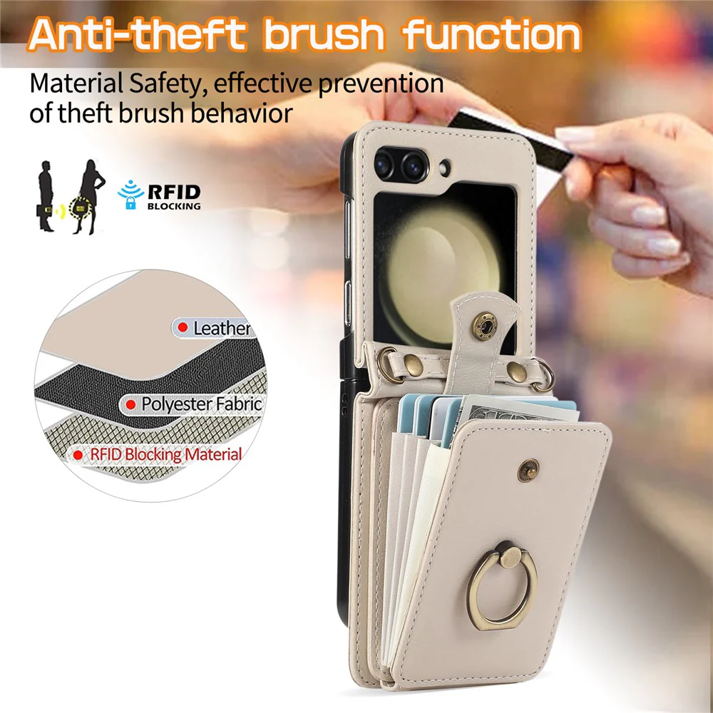 For Samsung Galaxy Z Flip7 FE 5G / Z Flip6 5G Case Card Holder Ring Kickstand TPU + PU Leather Phone Cover with Long Strap - Beige - Image 8