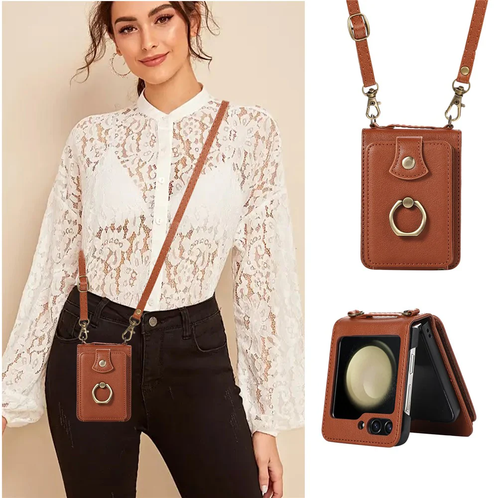 For Samsung Galaxy Z Flip7 FE 5G / Z Flip6 5G Case Card Holder Ring Kickstand TPU + PU Leather Phone Cover with Long Strap - Brown - Image 5