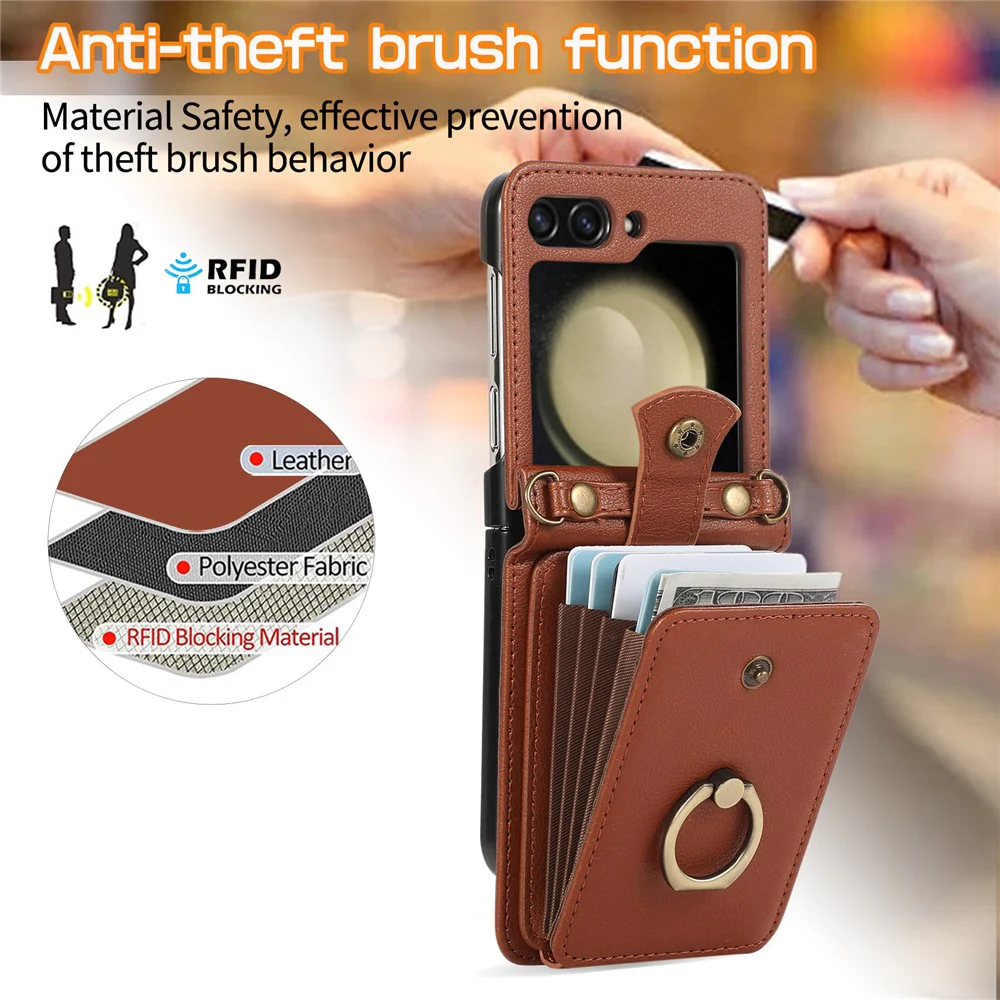 For Samsung Galaxy Z Flip7 FE 5G / Z Flip6 5G Case Card Holder Ring Kickstand TPU + PU Leather Phone Cover with Long Strap - Brown - Image 8