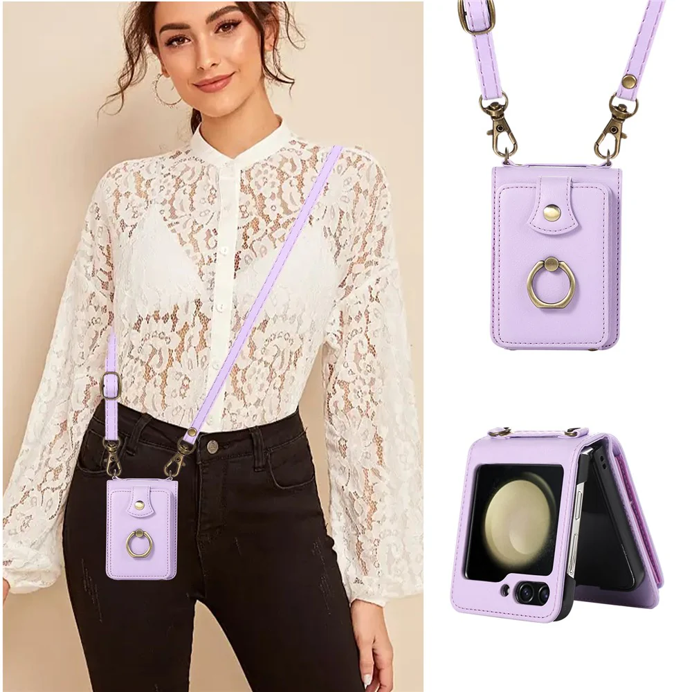 For Samsung Galaxy Z Flip7 FE 5G / Z Flip6 5G Case Card Holder Ring Kickstand TPU + PU Leather Phone Cover with Long Strap - Purple - Image 5