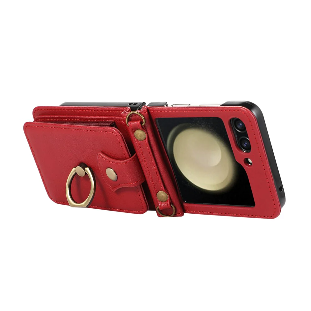 For Samsung Galaxy Z Flip7 FE 5G / Z Flip6 5G Case Card Holder Ring Kickstand TPU + PU Leather Phone Cover with Long Strap - Red - Image 2