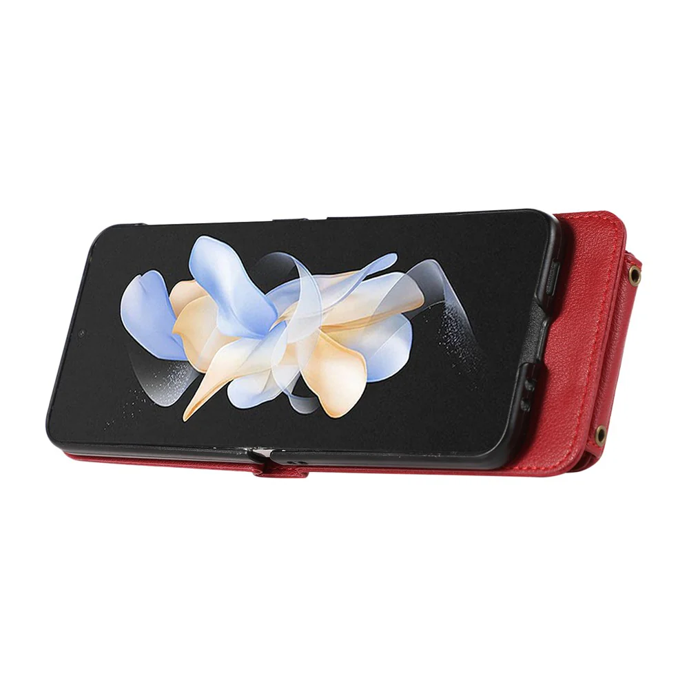 For Samsung Galaxy Z Flip7 FE 5G / Z Flip6 5G Case Card Holder Ring Kickstand TPU + PU Leather Phone Cover with Long Strap - Red - Image 3