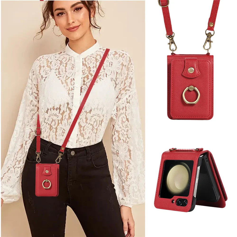 For Samsung Galaxy Z Flip7 FE 5G / Z Flip6 5G Case Card Holder Ring Kickstand TPU + PU Leather Phone Cover with Long Strap - Red - Image 6