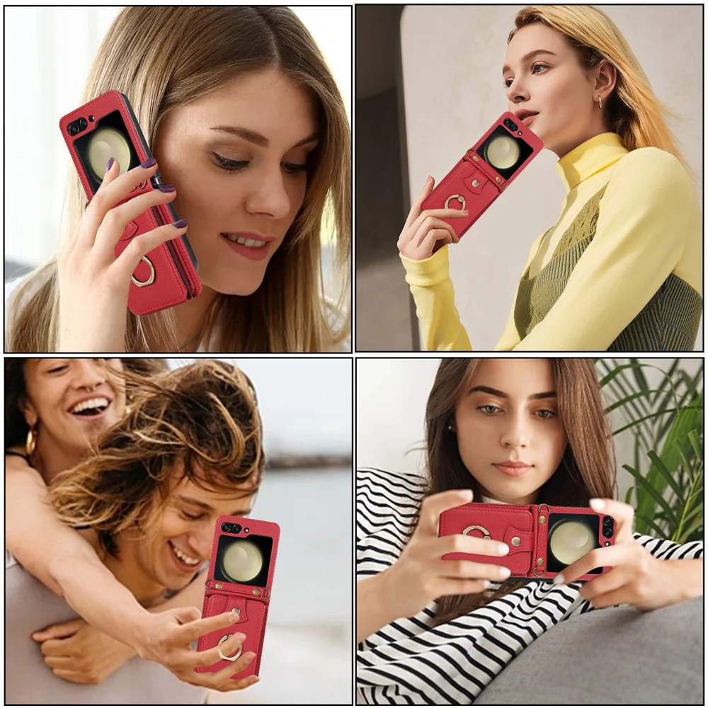 For Samsung Galaxy Z Flip7 FE 5G / Z Flip6 5G Case Card Holder Ring Kickstand TPU + PU Leather Phone Cover with Long Strap - Red - Image 7
