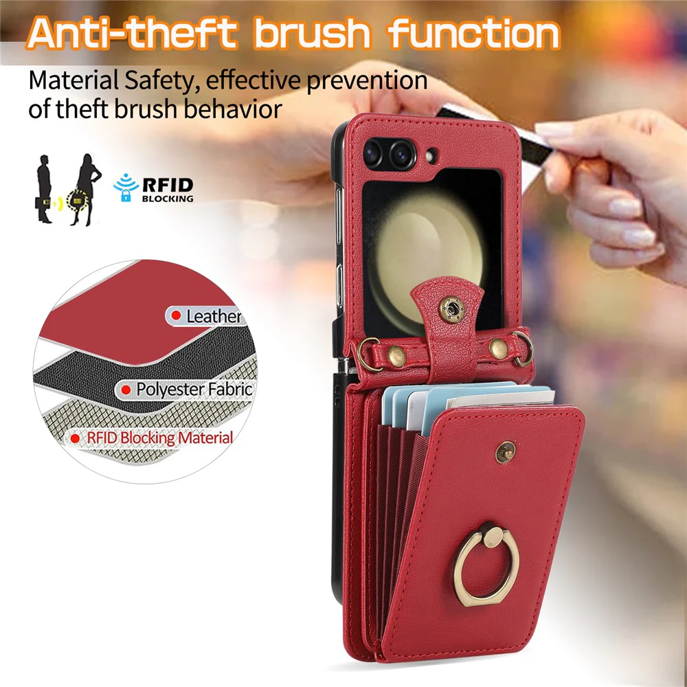For Samsung Galaxy Z Flip7 FE 5G / Z Flip6 5G Case Card Holder Ring Kickstand TPU + PU Leather Phone Cover with Long Strap - Red - Image 8