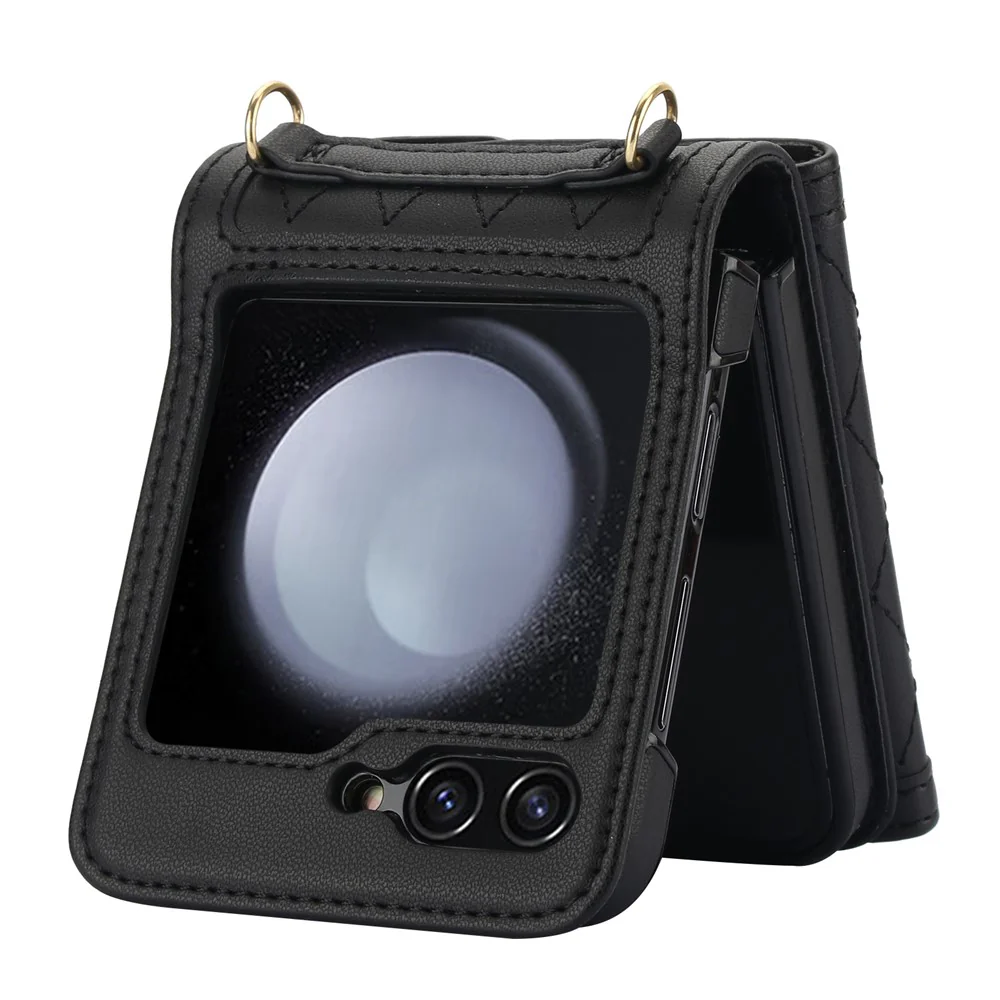 For Samsung Galaxy Z Flip7 FE 5G / Z Flip6 5G Case Card Holders PU Leather+PC Phone Cover with Detachable Shoulder Strap - Black - Image 2