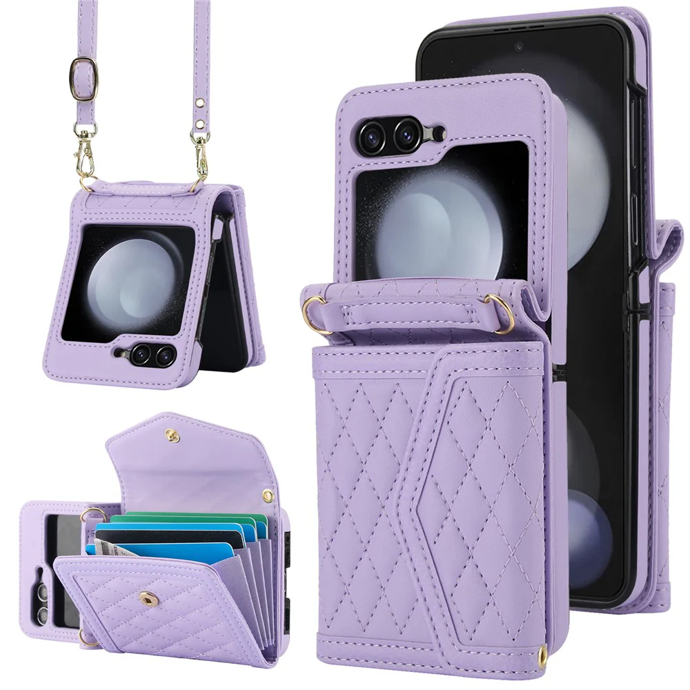 For Samsung Galaxy Z Flip7 FE 5G / Z Flip6 5G Case Card Holders PU Leather+PC Phone Cover with Detachable Shoulder Strap - Purple