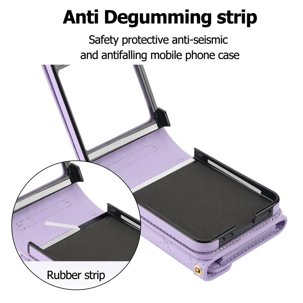 For Samsung Galaxy Z Flip7 FE 5G / Z Flip6 5G Case Card Holders PU Leather+PC Phone Cover with Detachable Shoulder Strap - Purple - Image 4