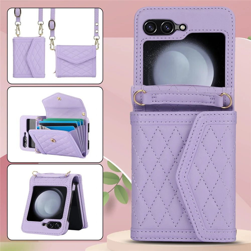 For Samsung Galaxy Z Flip7 FE 5G / Z Flip6 5G Case Card Holders PU Leather+PC Phone Cover with Detachable Shoulder Strap - Purple - Image 7