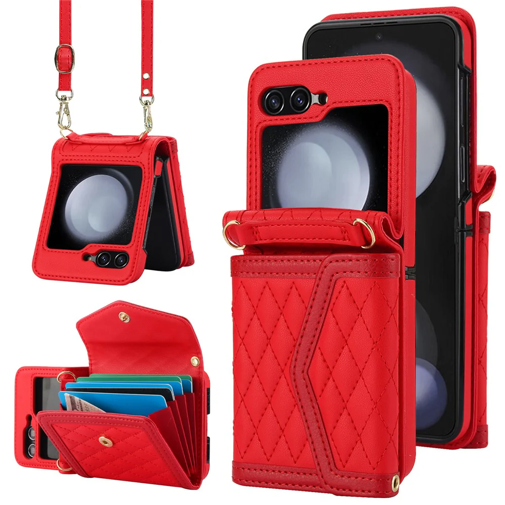 For Samsung Galaxy Z Flip7 FE 5G / Z Flip6 5G Case Card Holders PU Leather+PC Phone Cover with Detachable Shoulder Strap - Red