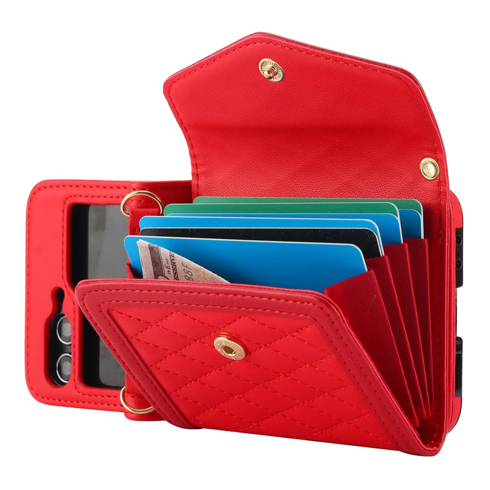 For Samsung Galaxy Z Flip7 FE 5G / Z Flip6 5G Case Card Holders PU Leather+PC Phone Cover with Detachable Shoulder Strap - Red - Image 3
