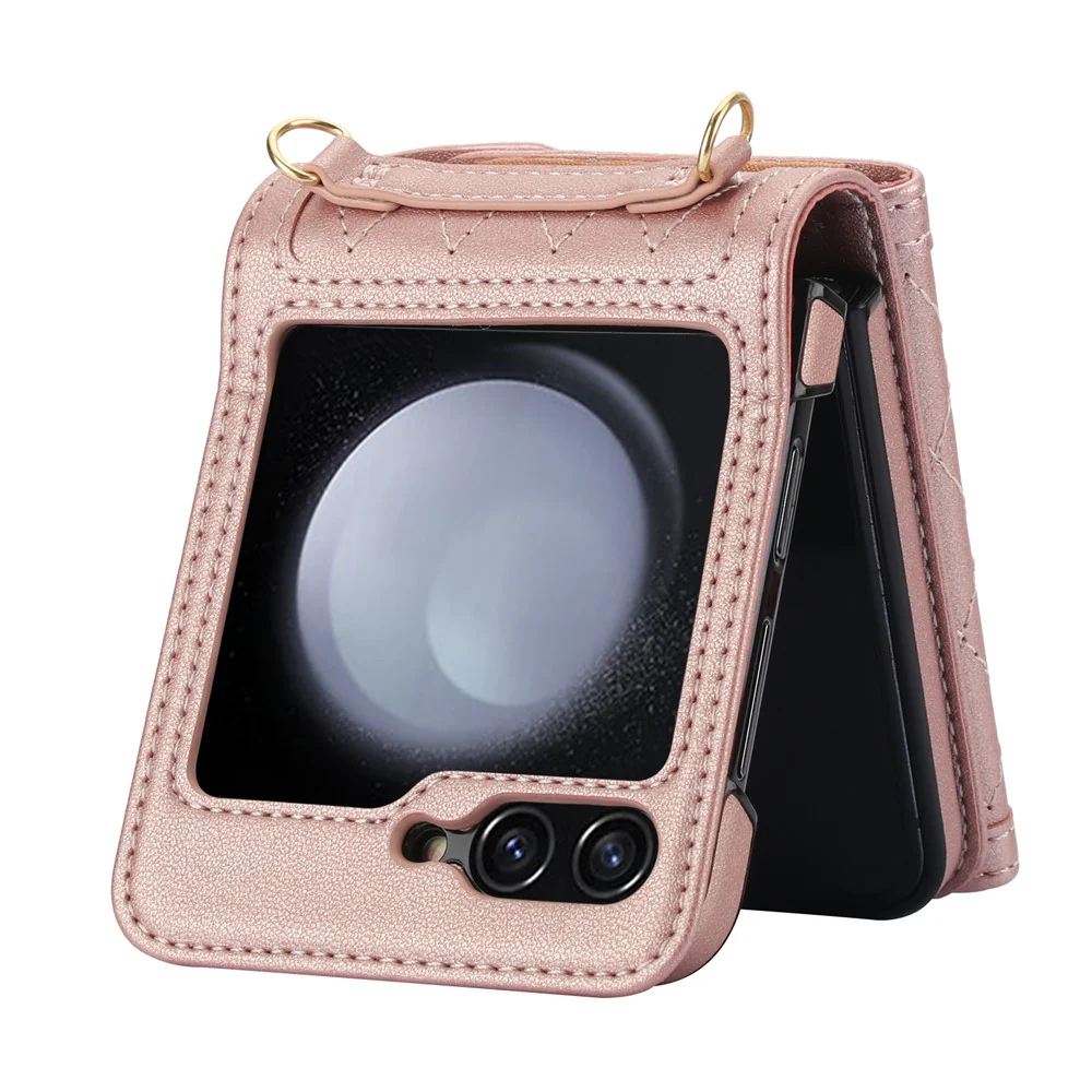 For Samsung Galaxy Z Flip7 FE 5G / Z Flip6 5G Case Card Holders PU Leather+PC Phone Cover with Detachable Shoulder Strap - Rose Gold - Image 2