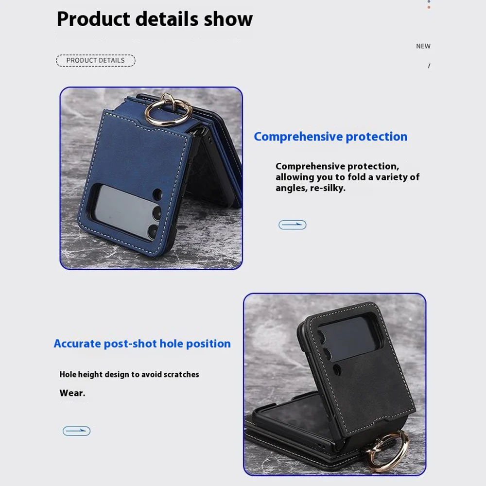 For Samsung Galaxy Z Flip7 FE 5G / Z Flip6 5G Case Card Slot Finger Ring Holder Leather + PC Phone Cover - Blue - Image 4