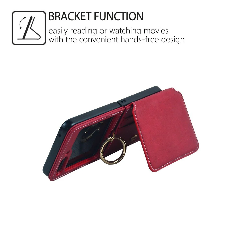 For Samsung Galaxy Z Flip7 FE 5G / Z Flip6 5G Case Card Slot Finger Ring Holder Leather + PC Phone Cover - Red - Image 3
