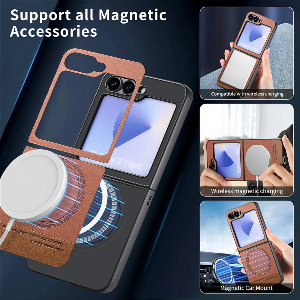 For Samsung Galaxy Z Flip7 FE 5G / Z Flip6 5G Case Compatible with MagSafe Denim Texture Leather Back Cover - Brown - Image 8