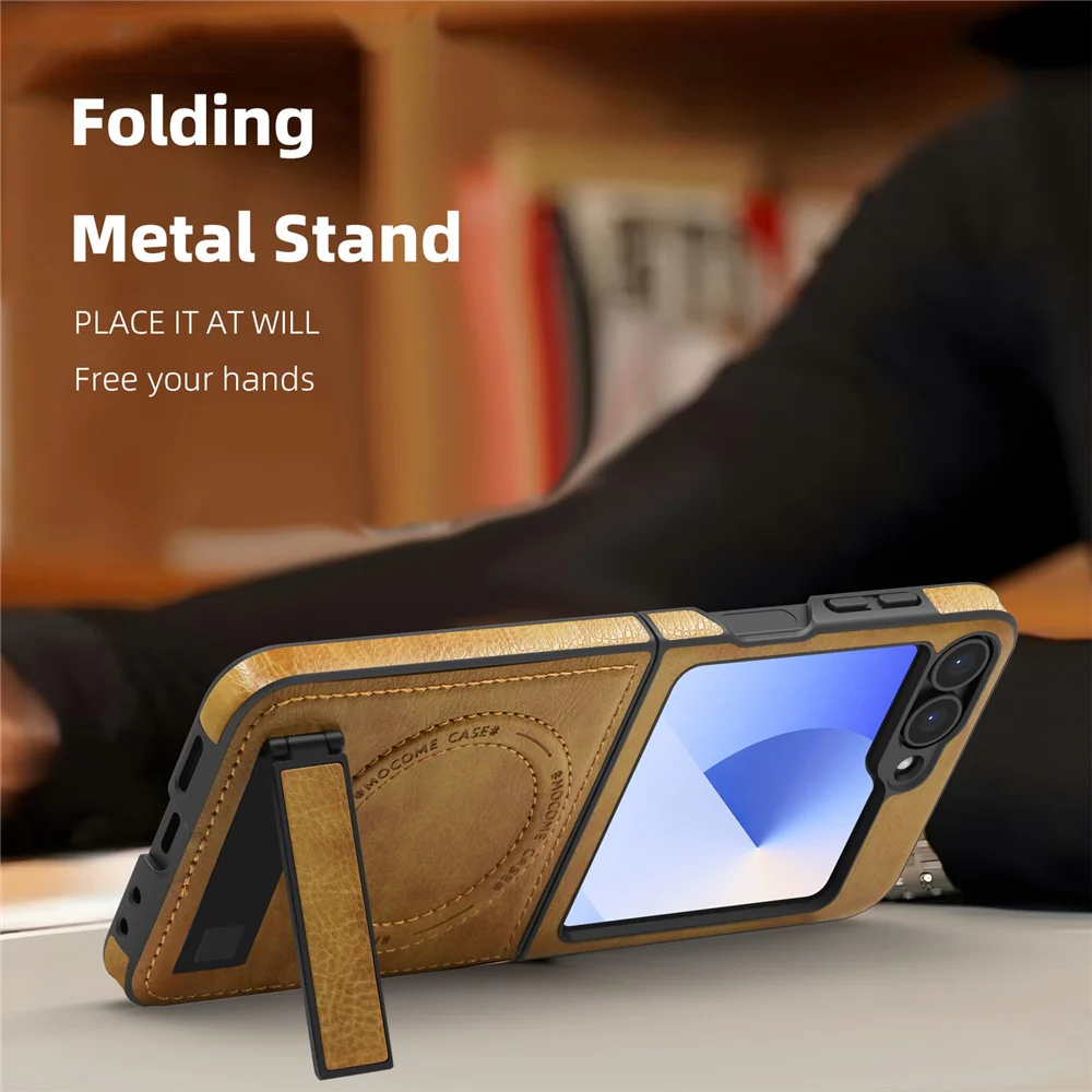 For Samsung Galaxy Z Flip7 FE 5G / Z Flip6 5G Case Compatible with MagSafe Kickstand Leather Phone Back Cover - Desert Gold - Image 3