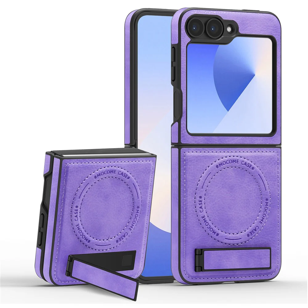 For Samsung Galaxy Z Flip7 FE 5G / Z Flip6 5G Case Compatible with MagSafe Kickstand Leather Phone Back Cover - Light Purple