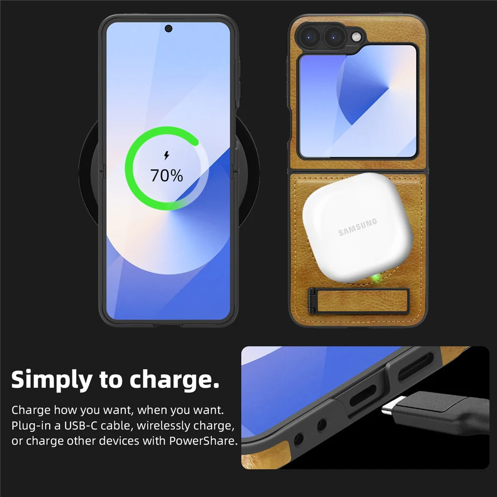 For Samsung Galaxy Z Flip7 FE 5G / Z Flip6 5G Case Compatible with MagSafe Kickstand Leather Phone Back Cover - Light Purple - Image 4