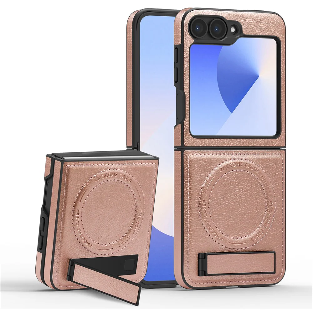 For Samsung Galaxy Z Flip7 FE 5G / Z Flip6 5G Case Compatible with MagSafe Kickstand Leather Phone Back Cover - Rose Gold
