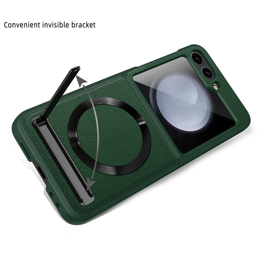 For Samsung Galaxy Z Flip7 FE 5G / Z Flip6 5G Case Compatible with MagSafe Kickstand PC+PU Phone Cover with Screen / Lens Film - Wheat Black - Image 6