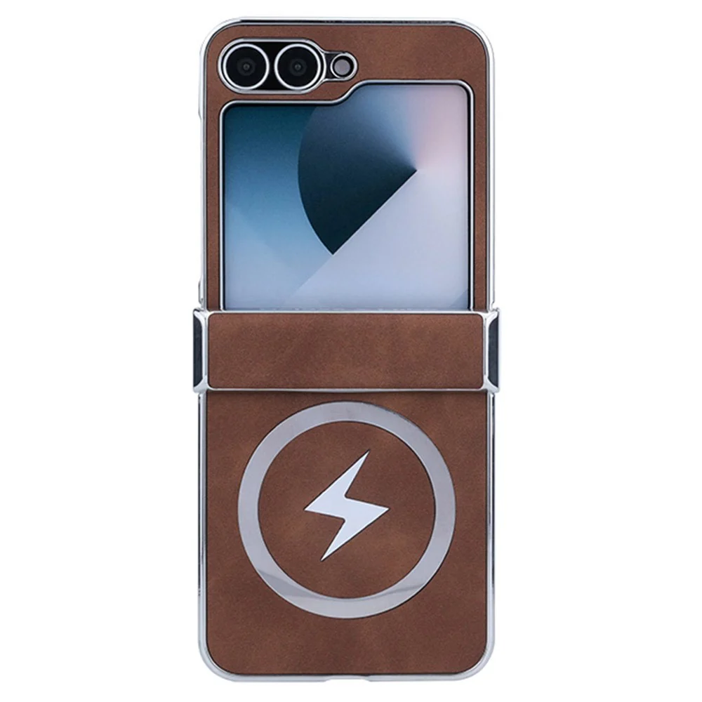 For Samsung Galaxy Z Flip7 FE 5G / Z Flip6 5G Case Compatible with MagSafe Leather+PC+Metal Phone Cover - Brown