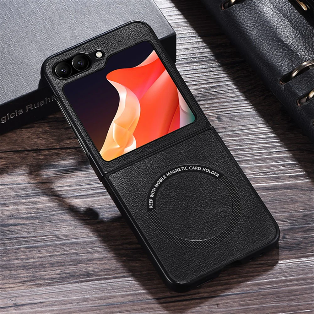 For Samsung Galaxy Z Flip7 FE 5G / Z Flip6 5G Case Compatible with MagSafe Leather+PC Phone Cover - Black - Image 2