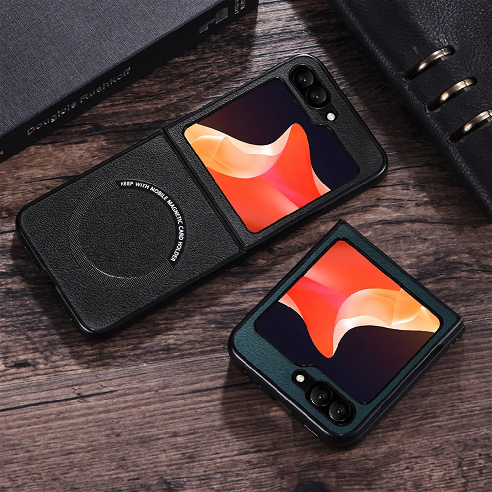 For Samsung Galaxy Z Flip7 FE 5G / Z Flip6 5G Case Compatible with MagSafe Leather+PC Phone Cover - Black - Image 3